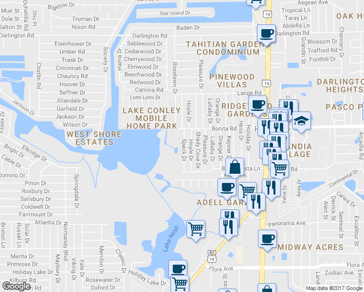 map of restaurants, bars, coffee shops, grocery stores, and more near 1903 Speck Drive in Holiday
