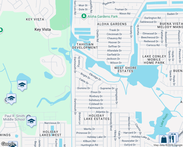 map of restaurants, bars, coffee shops, grocery stores, and more near 3207 Elkridge Drive in Holiday