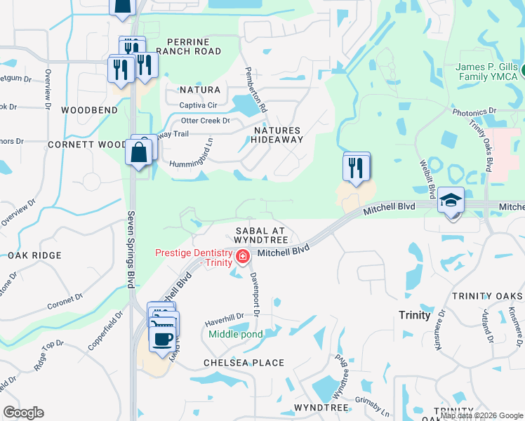 map of restaurants, bars, coffee shops, grocery stores, and more near 1902 Paw Paw Place in Trinity