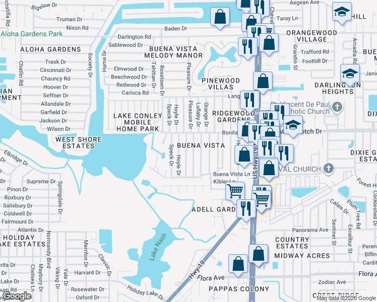 map of restaurants, bars, coffee shops, grocery stores, and more near 1902 Shady Cove Drive in Holiday