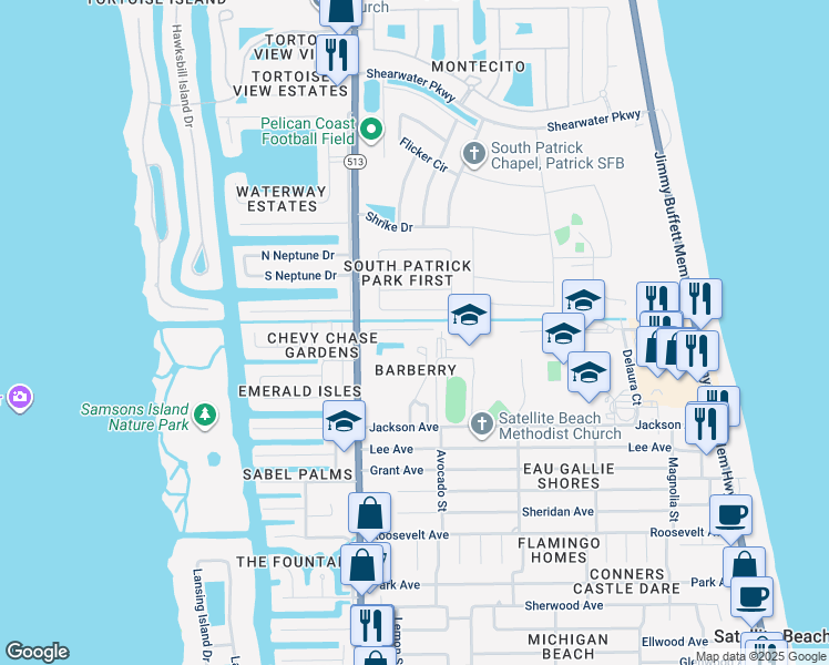 map of restaurants, bars, coffee shops, grocery stores, and more near 509 Siena Court in Satellite Beach
