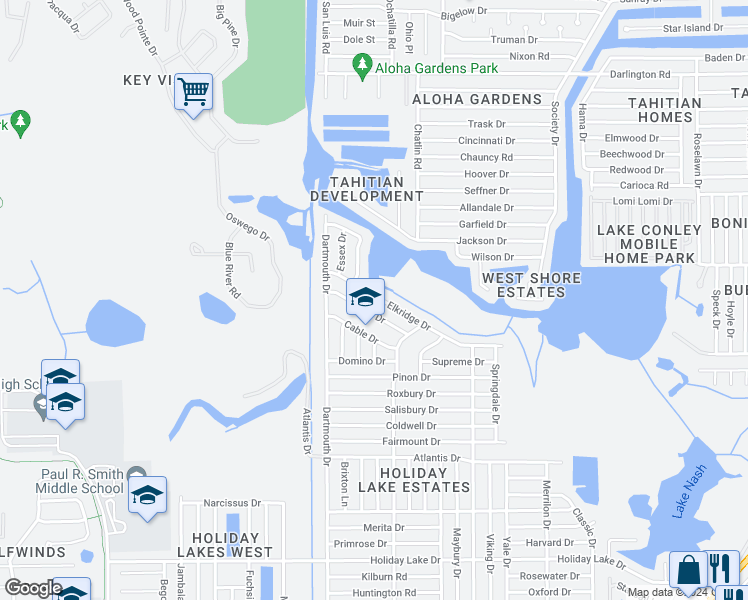 map of restaurants, bars, coffee shops, grocery stores, and more near 3136 Elkridge Drive in Holiday