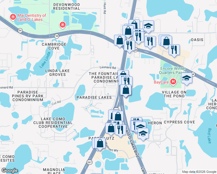 map of restaurants, bars, coffee shops, grocery stores, and more near 21201 Lazy Days Circle in Lutz
