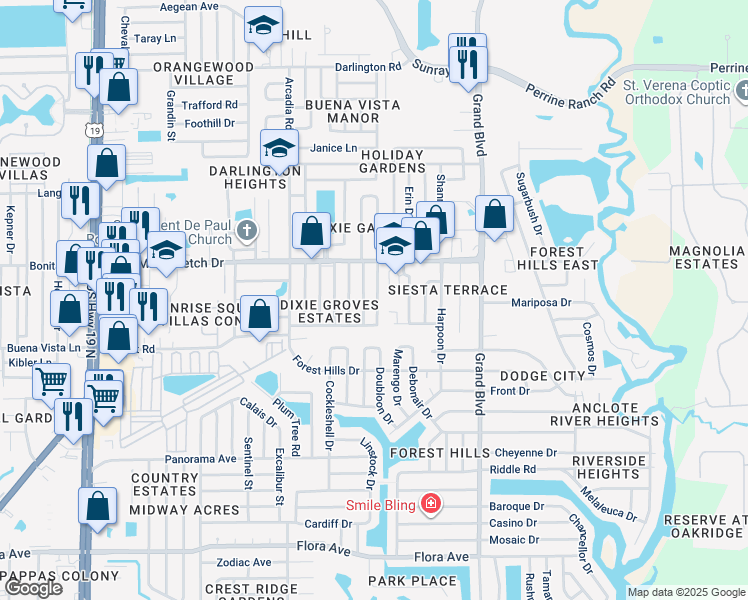 map of restaurants, bars, coffee shops, grocery stores, and more near 1901 Sparkle Ln in Holiday