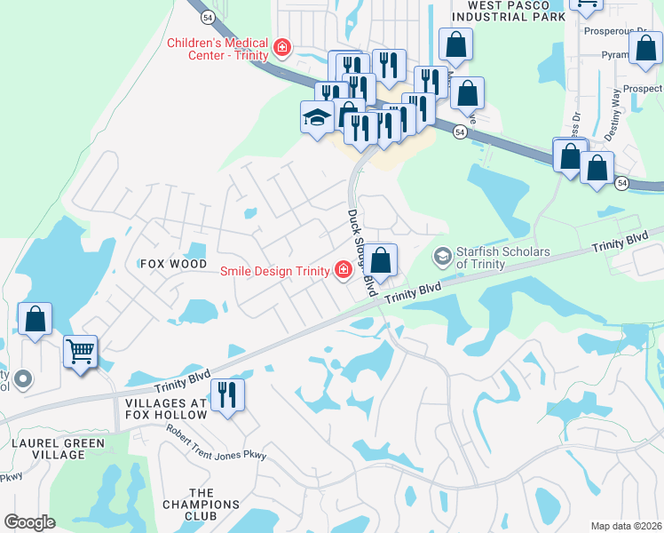 map of restaurants, bars, coffee shops, grocery stores, and more near 10715 Northridge Court in Trinity
