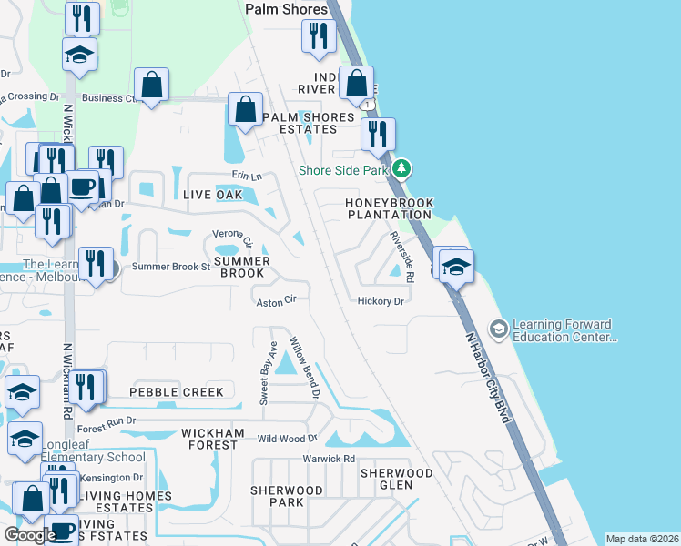 map of restaurants, bars, coffee shops, grocery stores, and more near 4810 Hidden Creek Road in Melbourne