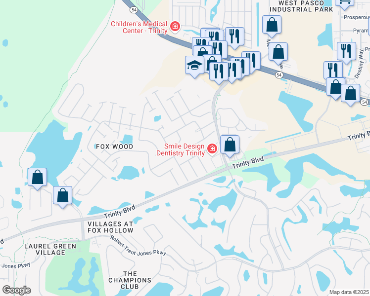 map of restaurants, bars, coffee shops, grocery stores, and more near 10619 Firebrick Court in Trinity