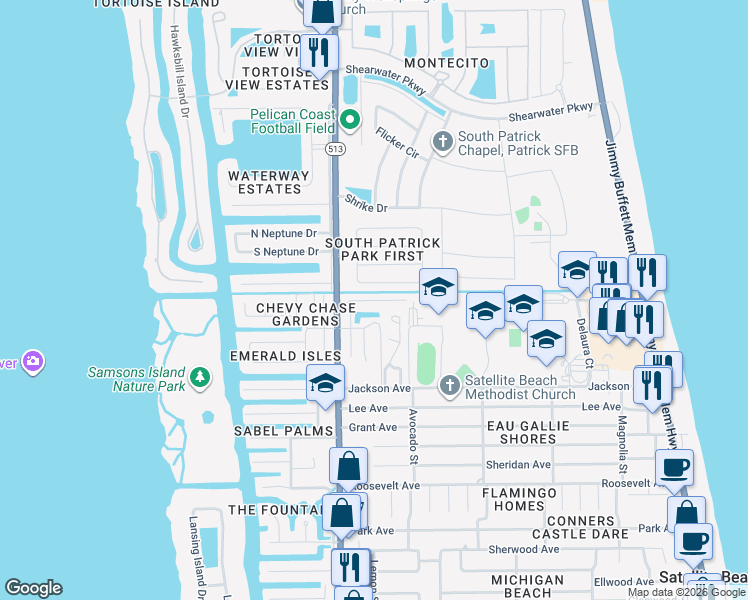 map of restaurants, bars, coffee shops, grocery stores, and more near 509 Siena Court in Satellite Beach