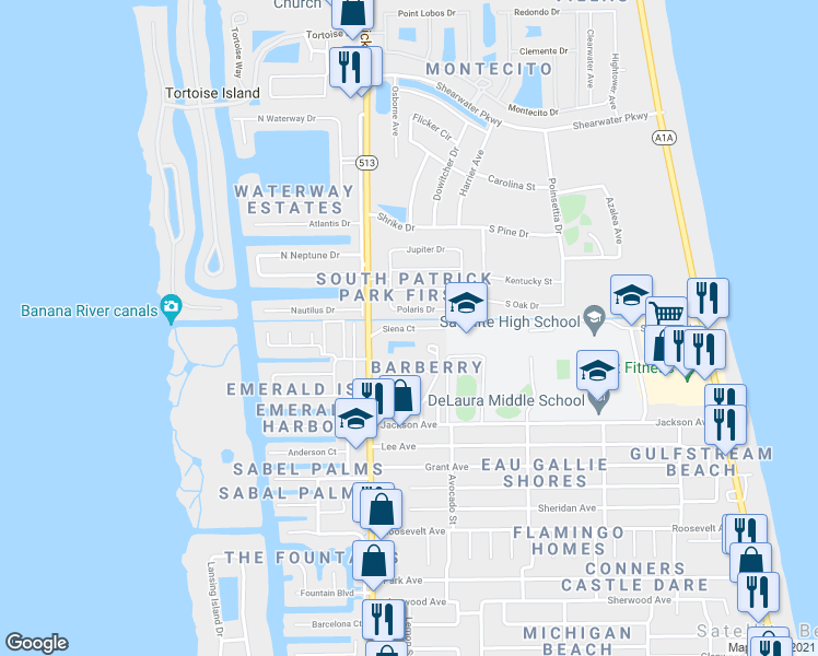 map of restaurants, bars, coffee shops, grocery stores, and more near 509 Siena Court in Satellite Beach