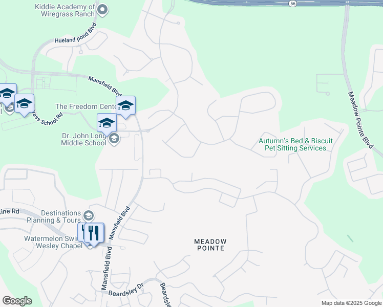 map of restaurants, bars, coffee shops, grocery stores, and more near 30614 Ceasar Park Drive in Wesley Chapel