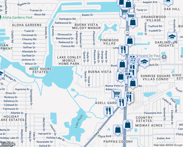 map of restaurants, bars, coffee shops, grocery stores, and more near 1902 Shady Cove Drive in Holiday