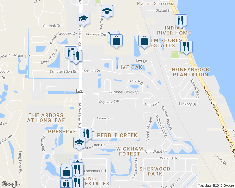 map of restaurants, bars, coffee shops, grocery stores, and more near 2715 Summer Brook St in Melbourne