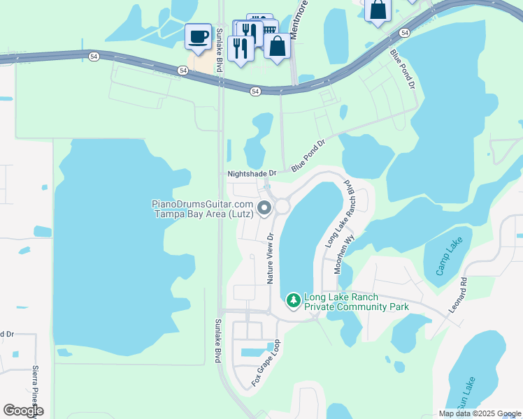 map of restaurants, bars, coffee shops, grocery stores, and more near Lake Waters Place in Lutz