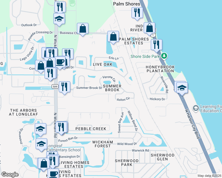map of restaurants, bars, coffee shops, grocery stores, and more near 2595 Summer Brook Street in Melbourne