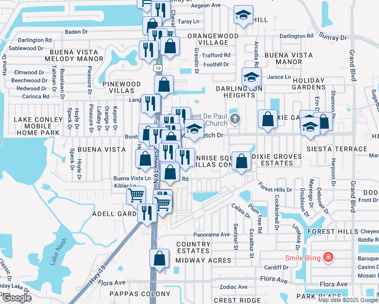map of restaurants, bars, coffee shops, grocery stores, and more near 1847 Abacus Road in Holiday
