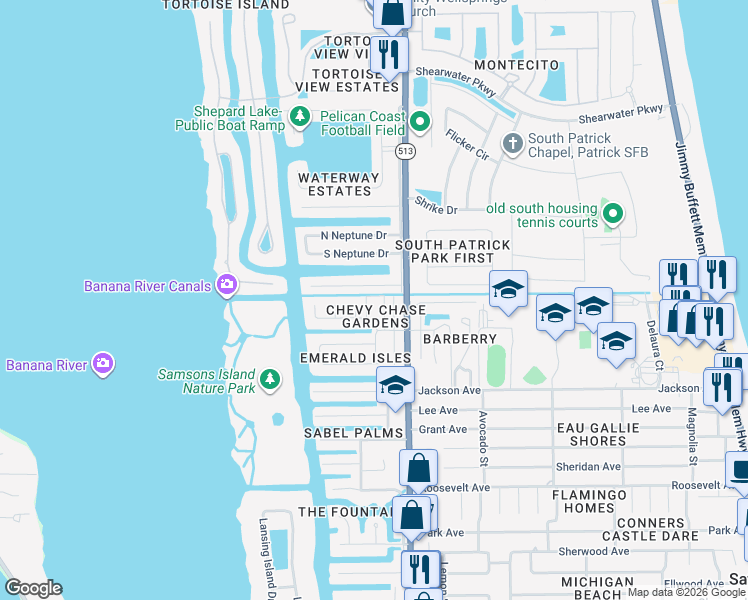 map of restaurants, bars, coffee shops, grocery stores, and more near 18 Emerald Court in Satellite Beach