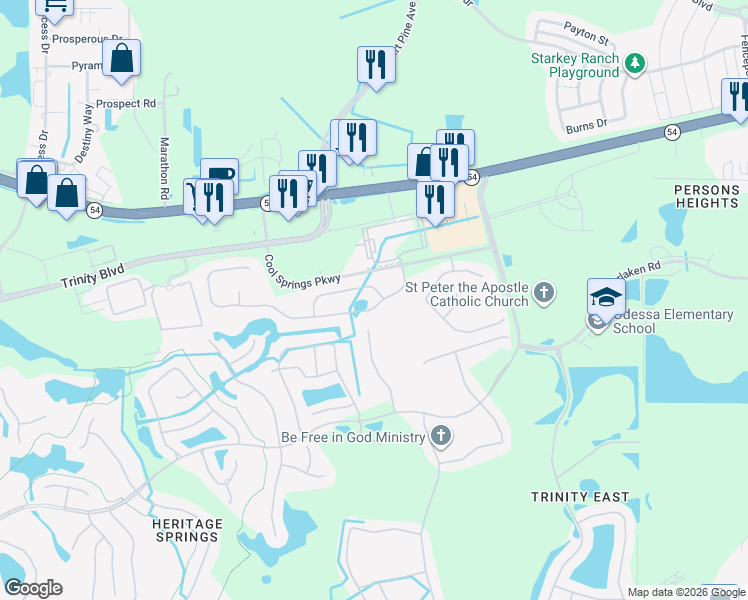 map of restaurants, bars, coffee shops, grocery stores, and more near 12257 Lake Boulevard in Trinity