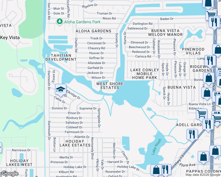 map of restaurants, bars, coffee shops, grocery stores, and more near 1914 Society Drive in Holiday