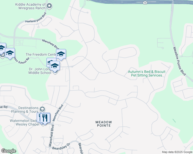 map of restaurants, bars, coffee shops, grocery stores, and more near 30614 Ceasar Park Drive in Wesley Chapel
