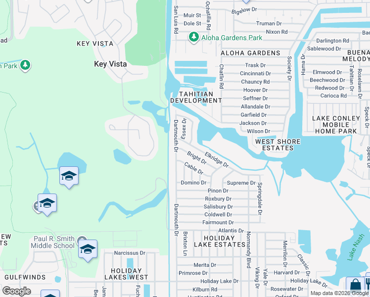 map of restaurants, bars, coffee shops, grocery stores, and more near 3043 Bright Drive in Holiday