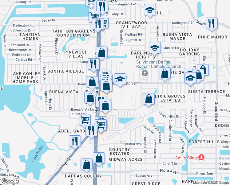 map of restaurants, bars, coffee shops, grocery stores, and more near 1847 Abacus Road in Holiday
