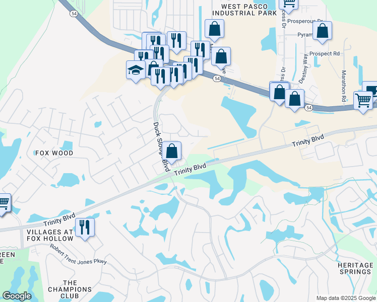 map of restaurants, bars, coffee shops, grocery stores, and more near 10975 Trinity Boulevard in Trinity