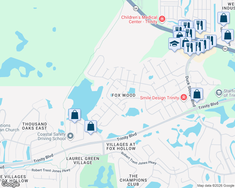 map of restaurants, bars, coffee shops, grocery stores, and more near 1913 Lusterleaf Place in Trinity