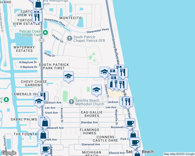 map of restaurants, bars, coffee shops, grocery stores, and more near 300 Scorpion Court in Satellite Beach