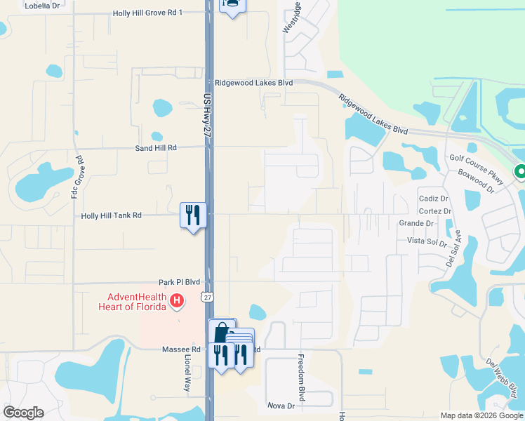 map of restaurants, bars, coffee shops, grocery stores, and more near 2050 Florida Development Road in Davenport