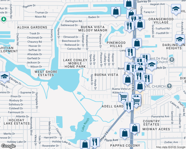 map of restaurants, bars, coffee shops, grocery stores, and more near 1903 Speck Drive in Holiday