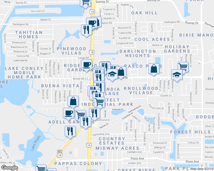 map of restaurants, bars, coffee shops, grocery stores, and more near 1903 Berg Road in Holiday