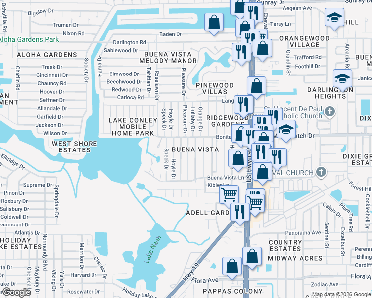 map of restaurants, bars, coffee shops, grocery stores, and more near 1919 Pleasure Drive in Holiday