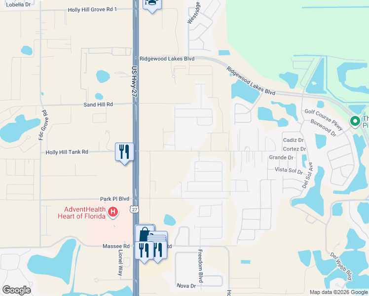 map of restaurants, bars, coffee shops, grocery stores, and more near 2050 Florida Development Road in Davenport