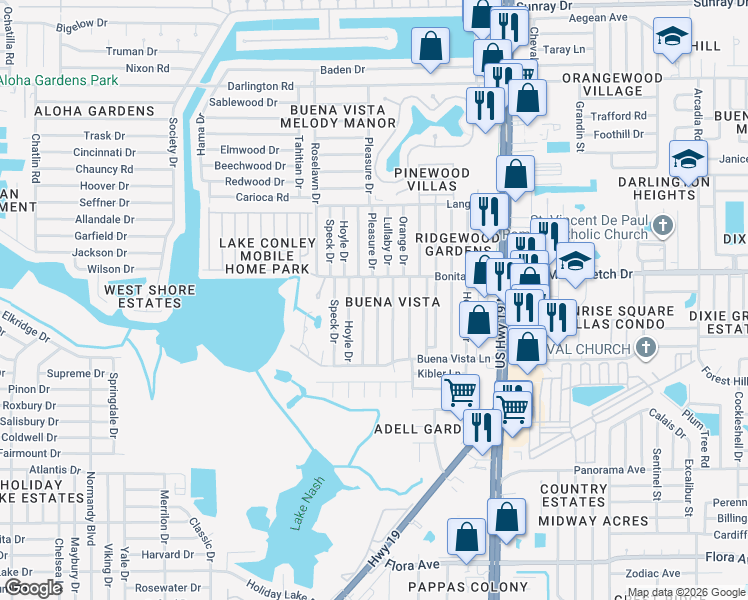 map of restaurants, bars, coffee shops, grocery stores, and more near 1919 Pleasure Drive in Holiday