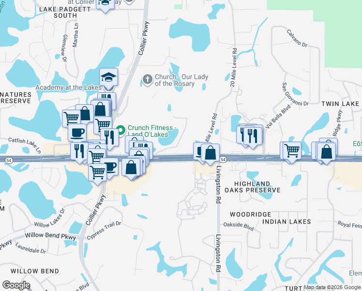 map of restaurants, bars, coffee shops, grocery stores, and more near 2044 Park Crescent Drive in Land O' Lakes