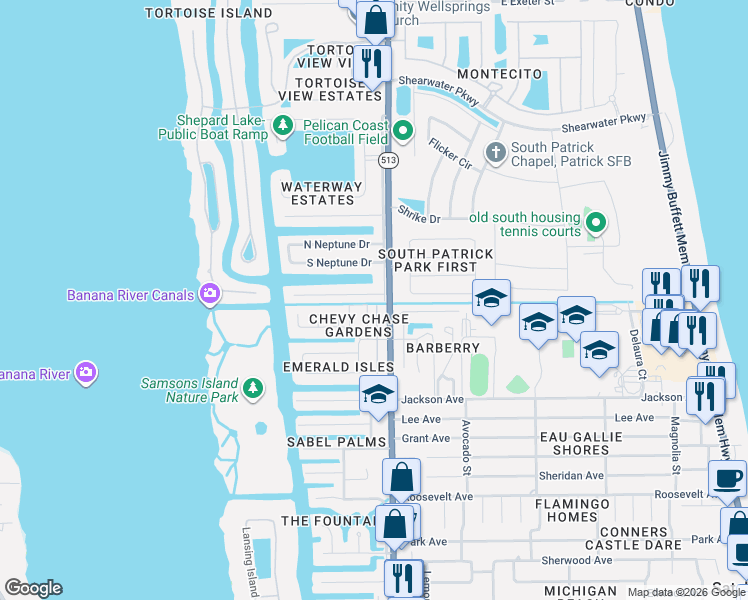 map of restaurants, bars, coffee shops, grocery stores, and more near 18 Emerald Court in Satellite Beach