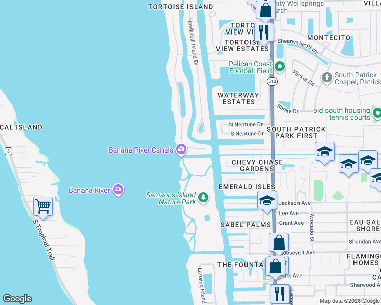 map of restaurants, bars, coffee shops, grocery stores, and more near 930 Loggerhead Island Drive in Satellite Beach