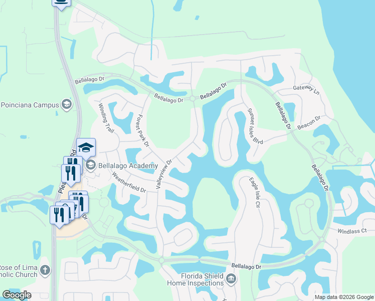 map of restaurants, bars, coffee shops, grocery stores, and more near 3533 Valleyview Drive in Kissimmee