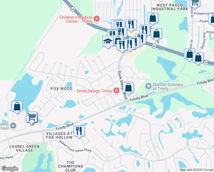 map of restaurants, bars, coffee shops, grocery stores, and more near 10619 Firebrick Court in Trinity