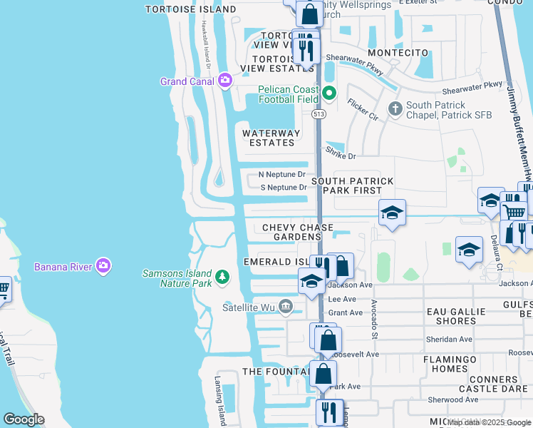 map of restaurants, bars, coffee shops, grocery stores, and more near 442 Nautilus Drive in Satellite Beach