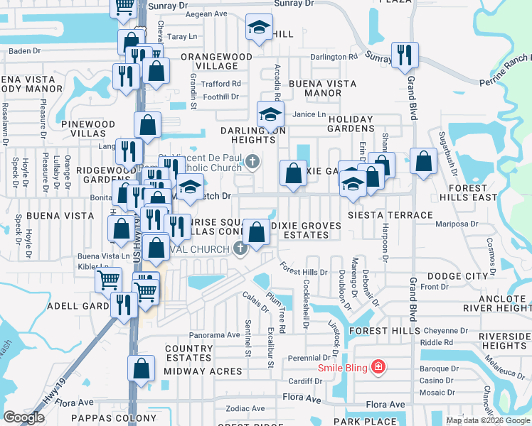 map of restaurants, bars, coffee shops, grocery stores, and more near 4928 Lake Ridge Lane in Holiday