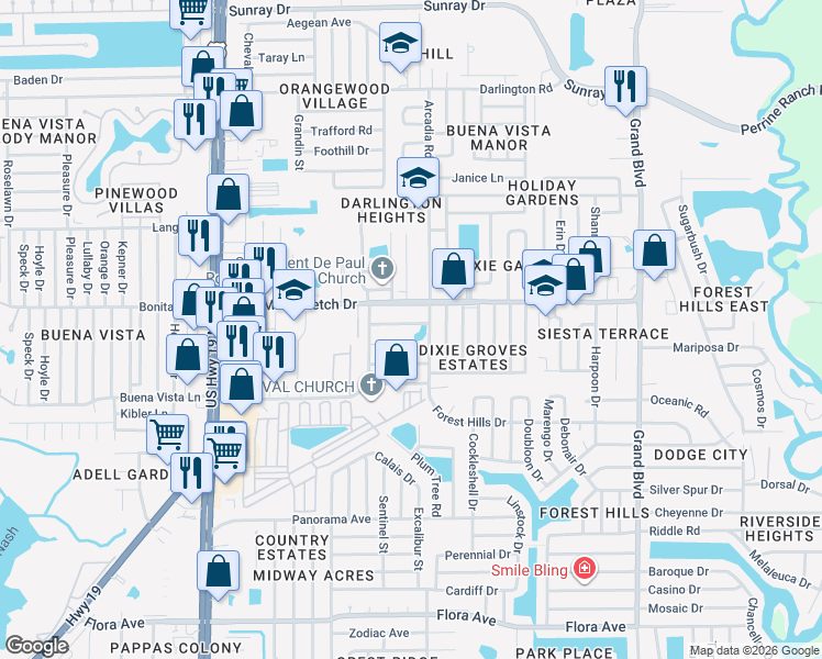 map of restaurants, bars, coffee shops, grocery stores, and more near in Holiday