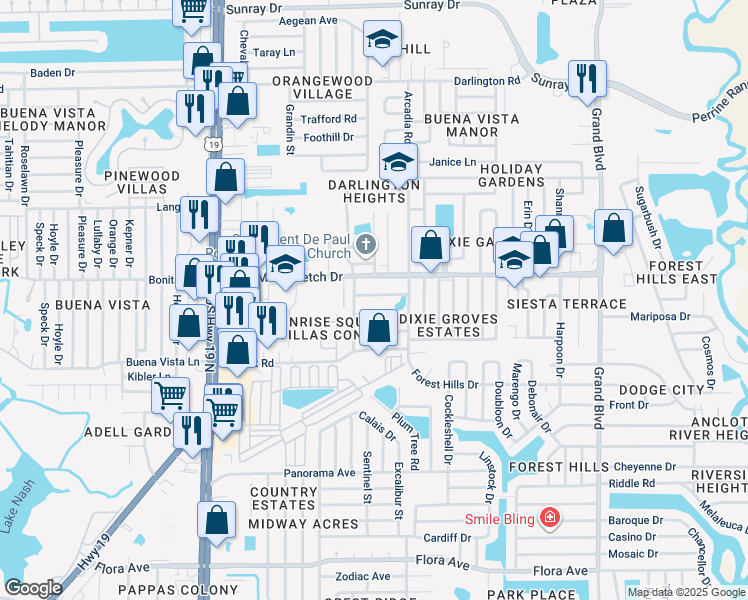 map of restaurants, bars, coffee shops, grocery stores, and more near 4904 Lake Ridge Lane in Holiday