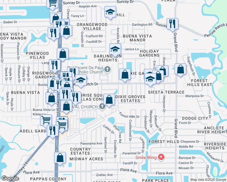 map of restaurants, bars, coffee shops, grocery stores, and more near 4928 Lake Ridge Lane in Holiday