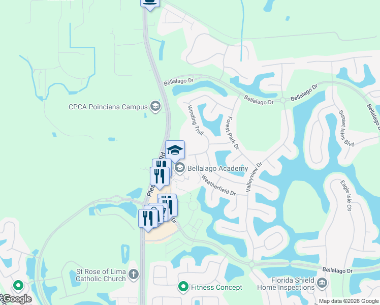 map of restaurants, bars, coffee shops, grocery stores, and more near 3321 Winding Trail in Kissimmee