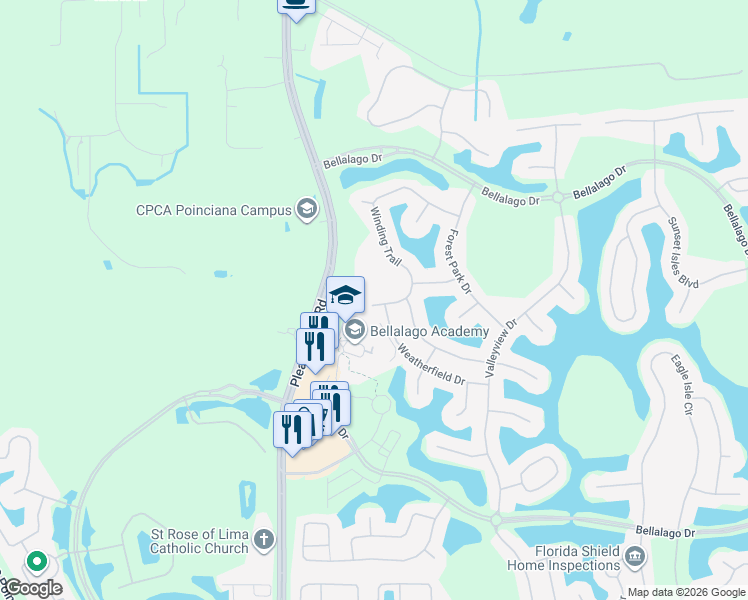 map of restaurants, bars, coffee shops, grocery stores, and more near 3651 Pleasant Hill Road in Kissimmee