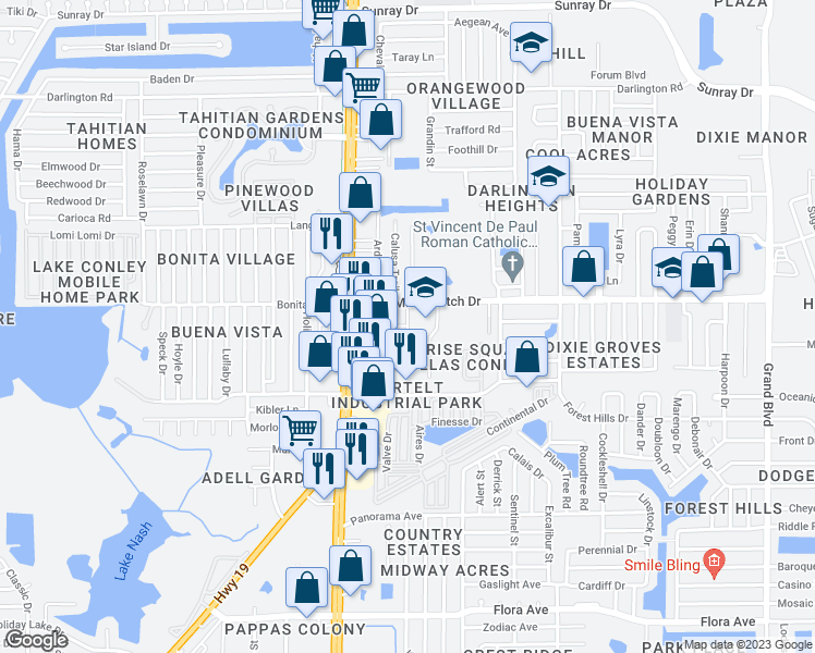 map of restaurants, bars, coffee shops, grocery stores, and more near 1918 Berg Road in Holiday