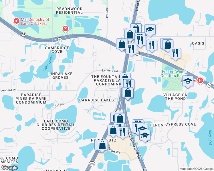 map of restaurants, bars, coffee shops, grocery stores, and more near 21027 Lazy Days Circle in Lutz