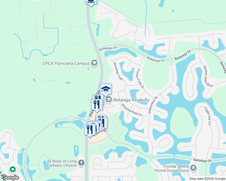 map of restaurants, bars, coffee shops, grocery stores, and more near 3651 Pleasant Hill Road in Kissimmee