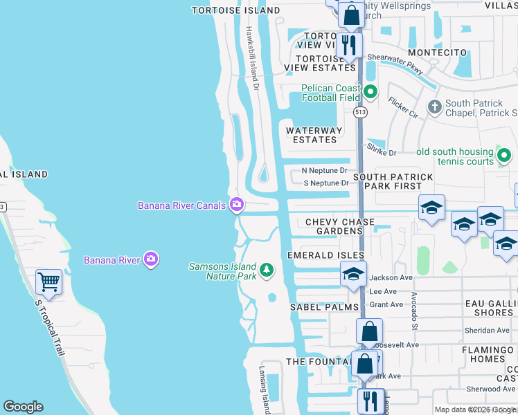 map of restaurants, bars, coffee shops, grocery stores, and more near 930 Loggerhead Island Drive in Satellite Beach